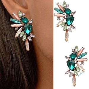New Burnished Gold & Green Rhinestone Jewel Post Statement Earrings